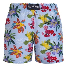 Vilebrequin swim shorts in Fleur de Lin, light blue with multicolour tropical floral print, elasticated waistband, rear view