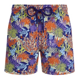 Vilebrequin shorts in Versailles blue with vibrant coral reef and sea turtle print, elasticated waist with drawstring tie