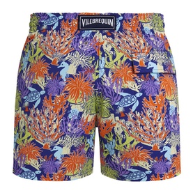 Vilebrequin swim shorts in Versailles blue with vibrant coral reef print featuring turtles, sea anemones in orange, purple and green