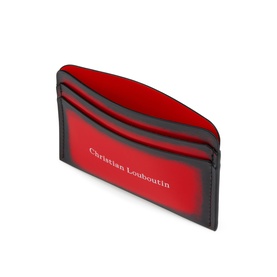 Christian Louboutin red leather card holder with contrasting dark exterior, red interior lining and embossed logo, open top slot view