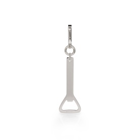 Christian Louboutin silver bottle opener charm with lobster clasp, polished finish, flat trapezoidal blade shape