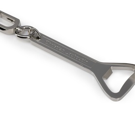 Christian Louboutin silver bottle opener keyring with lobster clasp, polished finish with engraved branding detail