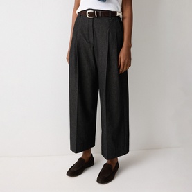 Chambray Pleated Wide Cropped Trousers
