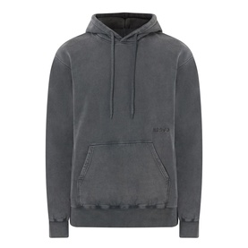 Edwin Axiom Logo Hoodie in dark grey with drawstring hood, kangaroo pocket, and embroidered logo, garment dyed finish