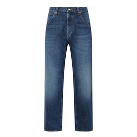 Edwin Tyrell High-Rise Straight Leg Jeans in blue nix wash, straight-leg cut, five-pocket style with tobacco stitching and faded whiskering details