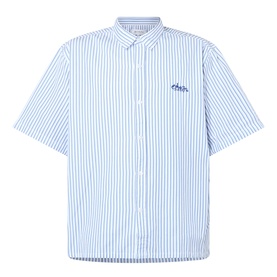Edwin Toledo Stripe Shirt in blue and white vertical stripes, short sleeves, classic collar, embroidered logo detail on chest