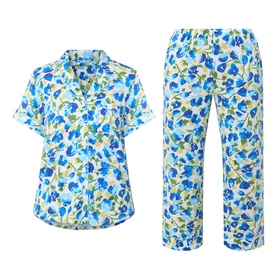 Kate Spade Blooming Garden pyjamas in blue and green floral print, short-sleeve button-up shirt and wide-leg trousers set