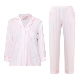 Kate Spade Christy Shirting Stripe pyjama set in white with pink pinstripes and contrast pink piping, long-sleeve shirt and straight-leg trousers