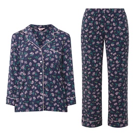 Kate Spade Lively Blooms Tossed pyjamas in navy with pink floral print, white piped collar, long sleeves and full-length trousers