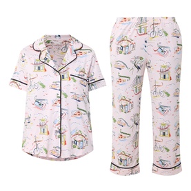 Kate Spade City Stroll pyjama set in pink with novelty print, short-sleeve button-up shirt and full-length trousers