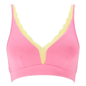 Stripe & Stare Lace Plunge Bralette in Pink Lemonade with yellow lace trim, plunge neckline, non-wired, wide underband and adjustable straps.