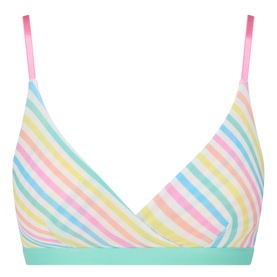 Stripe & Stare Roll With It bra in multicolour diagonal stripes with mint green underband and pink shoulder straps