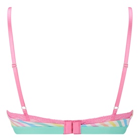 Stripe & Stare Roll With It bra back view, pastel rainbow stripe band with pink adjustable straps and yellow centre detail