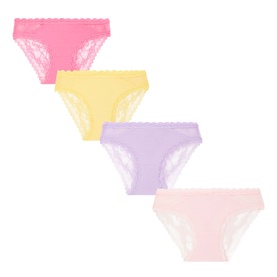 Stripe & Stare The Lace Original Briefs Four-Pack in Summer Brights; pink, yellow, lilac and blush with lace trim panels