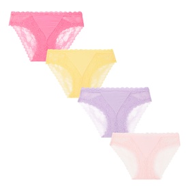 Stripe & Stare The Lace Original Briefs Four-Pack in Summer Brights; pink, yellow, lilac and blush with lace panels and scalloped trim.