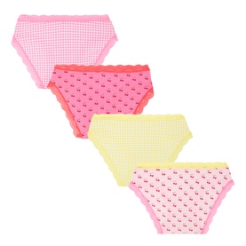 Stripe & Stare The Original Briefs Four-Pack in Cherry Baby, assorted gingham and cherry prints in pink, coral and yellow with lace trim.