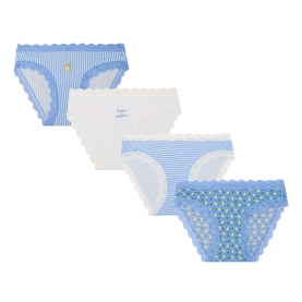 Stripe & Stare Ciao Bella Briefs 4-pack in blue and white stripe, floral and slogan prints with scallop lace trim.