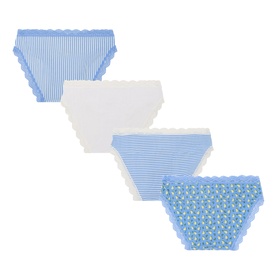 Stripe & Stare Ciao Bella Briefs multipack of four in blue stripe, white, stripe and floral print with scallop lace trim