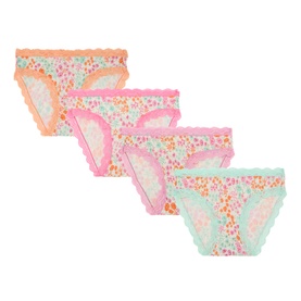 Stripe & Stare Sweet Posy briefs, set of 4 in floral print with scalloped edges in pink, peach and mint tones.
