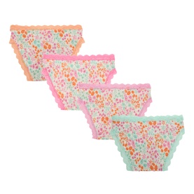 Stripe & Stare Sweet Posy briefs multipack, floral print in pink, orange and mint with scallop trim edging, set of 4