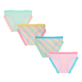 Stripe & Stare Roll With It Briefs multipack in pastel rainbow stripe with scalloped lace trim, shown as set of four