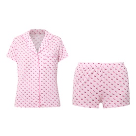 Stripe & Stare Cherry Short Pyjama Set in Cherry Baby, pink with cherry print, notched lapel short-sleeve top and matching shorts