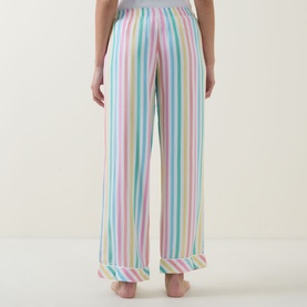 Model wearing Stripe & Stare Soft Brushed Stripe Pyjama Bottoms in Roller Stripe, wide-leg full-length fit with elasticated waistband, back view.