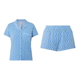 Stripe & Stare Sorento Lemon pyjama set in blue with lemon print, short-sleeve button-up shirt and matching shorts