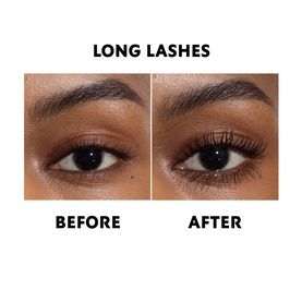YSL Lash Latex Mascara in 01 Black before and after comparison showing dramatically lengthened lashes on deep skin tone