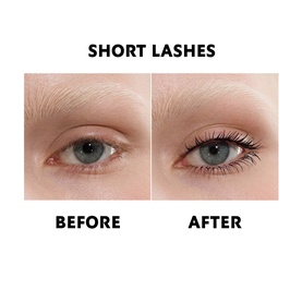 YSL Lash Latex Mascara 01 Black before and after comparison showing short lashes with visible lengthening and volumising effect