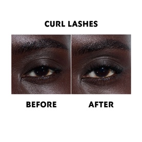 YSL Lash Latex Mascara in 01 Black before and after curl lashes comparison showing lifted, defined lashes on deep skin tone.