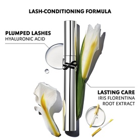 YSL Lash Latex Mascara in 01 Black, silver tube shown with iris flower, highlighting Hyaluronic Acid and Iris Florentina Root Extract benefits