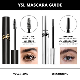 YSL Lash Latex Mascara guide comparing Lash Clash XXL brush for volume and Lash Latex 496 micro-bristles for lengthening, shown with before and after