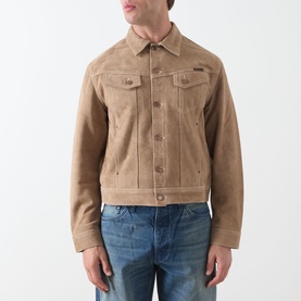 Model wearing Nudie Jeans Casual Jacket in G13 Mud, suede-effect trucker style with chest pockets, styled with blue jeans