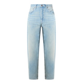 Nudie Jeans Tuff Tony Straight Leg Jeans in Drift Wood, light blue loose-fit denim with faded whiskering and tobacco stitching