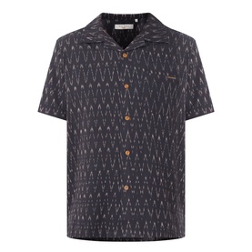 Nudie Jeans Reg Shirt in R22 Multi, dark navy with zigzag print, camp collar, short sleeves, and tan buttons