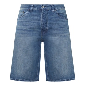 Nudie Jeans Zeb High-Rise Wide Leg Denim Shorts in Blue Painter, five-pocket style with whiskering, faded detailing and wide-cut legs