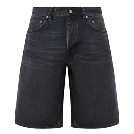 Nudie Jeans Night Dune denim shorts in washed black with five-pocket styling and silver hardware, flat lay view