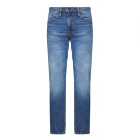 Nudie Jeans Gritty Jackson Straight-Leg Jeans in Sun Set, mid-rise with whiskering, faded details, tobacco stitching and five-pocket style