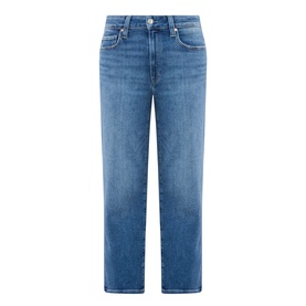 Paige Mason Mid-Rise Ankle Straight Leg Jeans in Monaco Mist blue denim, five-pocket style with whiskering and faded details