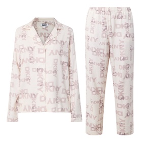 DKNY Pyjamas in Blonde Logo Plaid, long-sleeve button-up top and full-length trousers with allover logo print