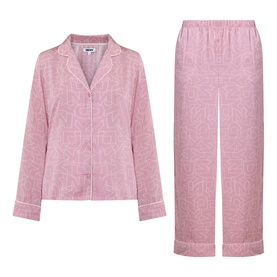 DKNY Monogram Satin Long-Sleeved Pyjama Set in Dusty Mauve, all-over logo print, notched collar top with piped trim and straight-leg bottoms