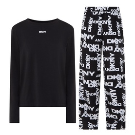 DKNY Pyjamas in Black Logo Plaid, long-sleeve top with logo print wide-leg trousers, laid flat