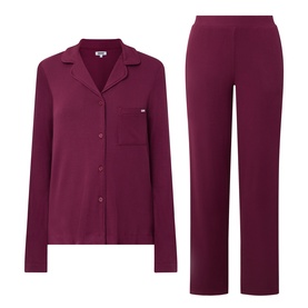 DKNY Maroon Banner pyjama set with long-sleeve button-front top and straight-leg trousers, displayed flat