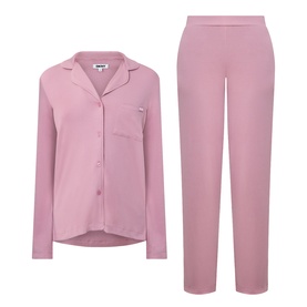 DKNY Notched Collar Long-Sleeved Pyjama Set in Dusty Mauve, featuring button-front top with chest pocket and straight-leg trousers