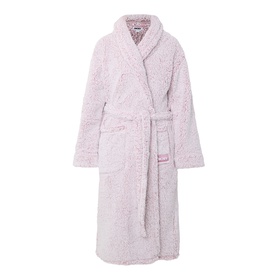 DKNY Dusty Mauve Frosted Sherpa Robe, shawl collar, wrap belt, and front patch pockets in fluffy textured fleece
