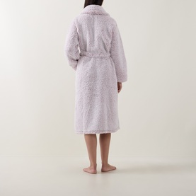 Model wearing DKNY Dusty Mauve Frosted Sherpa Robe, rear view, knee-length with belted waist and shawl collar