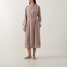 Model wearing DKNY Dusky Green Logo Stripe Robe, midi length with long sleeves, belted waist, and wrap-style neckline