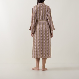 Model wearing DKNY Dusky Green Logo Stripe Robe, shown from the back, mid-length with wide sleeves and tie waist.