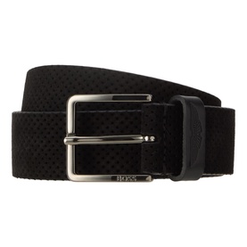 Boss Black Casual black leather belt with silver-tone square buckle and embossed texture detail on strap.